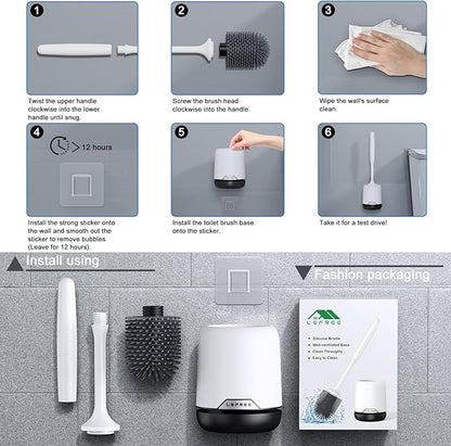 Lefree Silicone Toilet Brush and Holder Set with Ventilated Holder, Floor Standing & Wall Mounted Toilet Scrubber