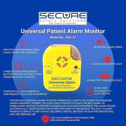 Secure Bed Alarm for Elderly Adults - 12" x 30" Motion Pressure Sensor Pad, 80 dB Patient Monitor with Holder, 9V Battery - Wandering & Fall Prevention for Dementia Patients Seniors