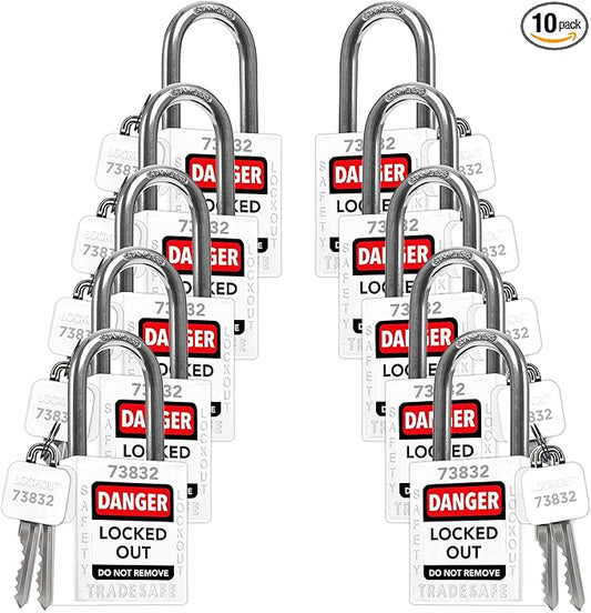 TRADESAFE Lockout Tagout Locks Set - 10 White Loto Locks, Keyed Alike Lockout Locks, 2 Keys Per Lock, OSHA Compliant Lock Out Tag Out Padlocks