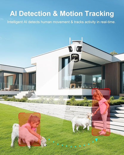 Three Lens WiFi Outdoor Security Camera, 9MP Wireless Home Security Cam, 360° Pan/Tilt, Human Detection, AI Auto Tracking, No Blind Spot, Color Night Vision, Two-Way Audio, Spotlight, IP66