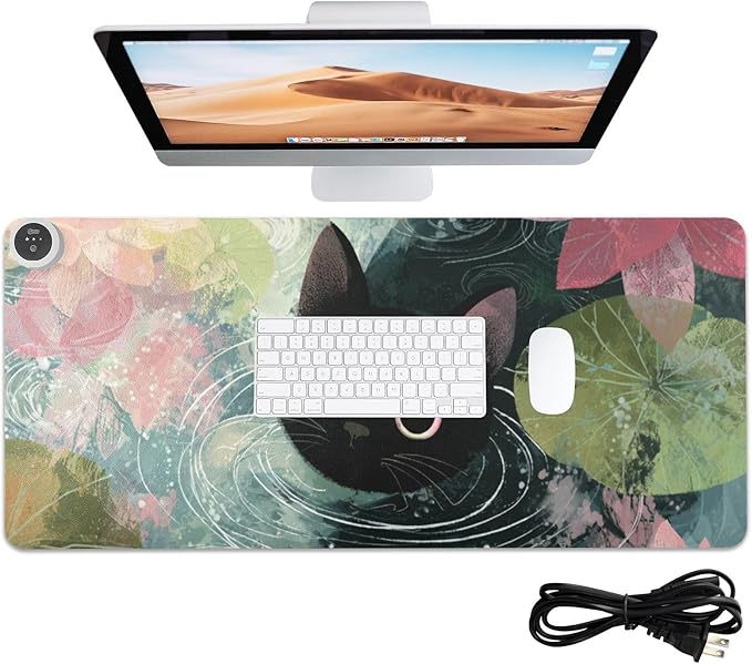 Heated Desk Pad Mouse Pad 31.5x13 Inch PU Leather Desk Mat with 3 Heat Levels Large Mouse Gaming Computer Laptop Mat Cat Lotus Flowers Blue