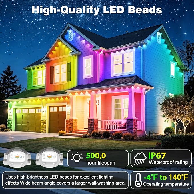 LITSOUL 100FT Permanent Outdoor Lights for House Waterproof, Smart RGB Eave LED Lighting with 16 Million Colors, IP67 Outdoor Strip Lights for Christmas Halloween Holiday Daily Decorations (100FT)