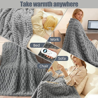 Electric Heated Blanket Throw 50" x 60" Soft Ribbed Faux Fur Flannel Fast Heating 12 Heat Levels 1–12H Timer & Overheat Protection & Auto Shut-Off & ETL FCC & Machine Washable Heated Throw (Gray)