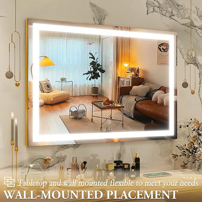 ROLOVE Vanity Mirror with Lights, 32" x 22" Large Lighted Vanity Mirror with Dimmable 3 Modes, LED Makeup Mirror, 10X Magnification, USB Charging Port, Tabletop or Wall-Mounted Square Gold