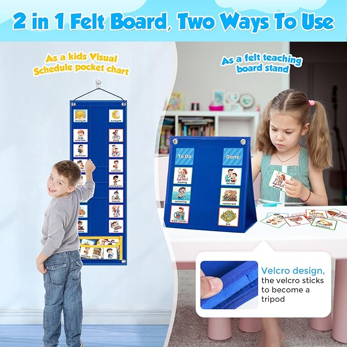 KIKIGOAL Kids Visual Schedule Calendar Chart, 2 in 1 Autism Daily Chore Routine Chart with 96 Cards Autism Learning Materials Bedtime Routine for Toddlers Home School