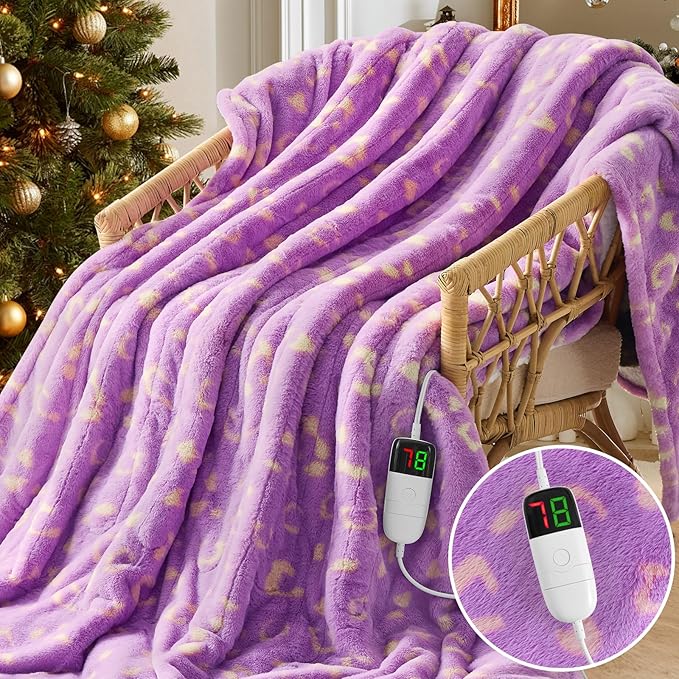 Leopard Print Heated Electric Blanket Throw,50X60 Purple Heating Blanket with 10 Heats Levels & 8 Hours Auto Off,Cute Cheetah Soft Fleece Sherpa Blankets Warmer Gifts for Women Washable