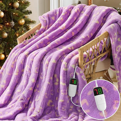 Leopard Print Heated Electric Blanket Throw,50X60 Purple Heating Blanket with 10 Heats Levels & 8 Hours Auto Off,Cute Cheetah Soft Fleece Sherpa Blankets Warmer Gifts for Women Washable