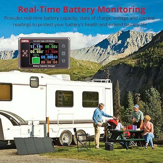 BINTA 500A Battery Monitor Shunt 8-100V 2.4 Inch Color Screen for Lifepo4 Lithium Sealed Gel Flooded Batteries, Backlight Waterproof Battery Monitor with Sliding Cover for Car RV Golf Cart Solar Panel