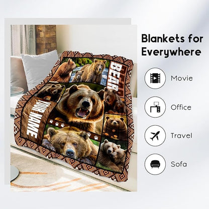 Personalized Blankets for Dad, Custom Bear Blanket Gifts for Men Boys Adults, 30"x40" Forest Animal Throw Gift for Hunters - Soft, Fuzzy & Cozy Flannel Throws Wildlife Country Decor