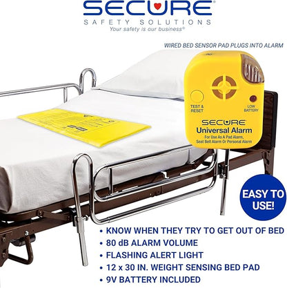 Secure Bed Alarm for Elderly Adults - 12" x 30" Motion Pressure Sensor Pad, 80 dB Patient Monitor with Holder, 9V Battery - Wandering & Fall Prevention for Dementia Patients Seniors