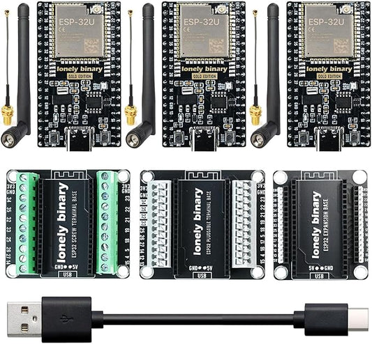 3-Pack Lonely Binary ESP32 Gold Edition with External IPEX Antenna WiFi Bluetooth Dual-Core MCU with Screw/Non-Screw Expansion Boards, Type-C Port Compatible with Arduino IDE, MicroPython, ESP-IDF
