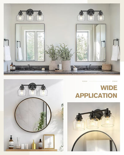 Emak 3-Light Bathroom Vanity Lights Over Mirror, Modern Bathroom Light Fixtures with Clear Glass Shade, Black Vanity Light for Bath, Makeup Desk, Mirror, VL122-BK-CG-3