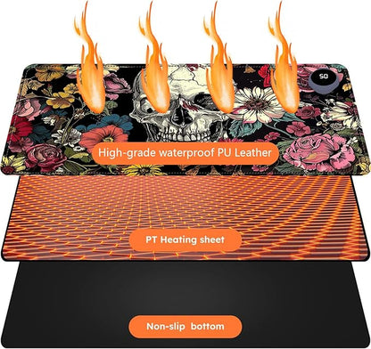 Heated Mouse Pad with 3 Levels Heated & 3 Hours Auto Shut-Off Mouse Pad for Warming Hands in Office Home, 23.6" x 14.2"Large Safe Desk Mat Hand Warmer，Skull in Flowers