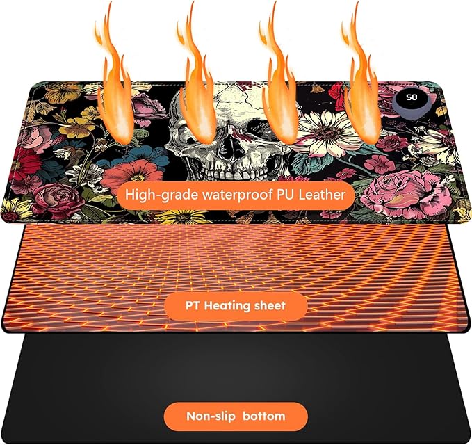 Heated Mouse Pad with 3 Levels Heated & 3 Hours Auto Shut-Off Mouse Pad for Warming Hands in Office Home, 31.5" x 13"Large Safe Desk Mat Hand Warmer，Skull in Flowers