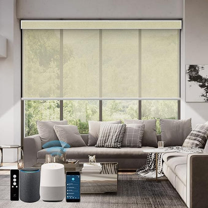 SmartWings Motorized Roller Shades 5% Openness Work with Homekit, Alexa SmartThings Google, Zigbee Motor Smart Blinds for Windows, Cordless Remote Window Shades, Rechargeable, Customized, White Linen