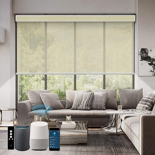 SmartWings Motorized Roller Shades 5% Openness Work with Homekit, Alexa SmartThings Google, Zigbee Motor Smart Blinds for Windows, Cordless Remote Window Shades, Rechargeable, Customized, White Linen