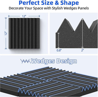 36 Pack Sound Proof Foam Panels for Wall with Self Adhesive, 2" X 12" X 12" High Density Acoustic Panels Sound Absorbing Quick-Recovery, Wedges Soundproof Wall Panels for Gaming & Studio Decor - Black