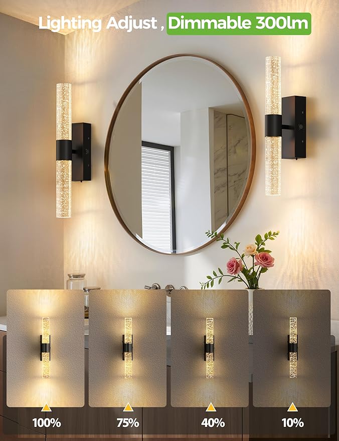 Battery Operated Wall Sconce Set of 2,3CCT Dimmable,10400mAh,Black Modern Rechargeable Wall Sconce with Remote,Wireless Wall Lights for Bedroom,Living Room,Hallway(15.3 inch)