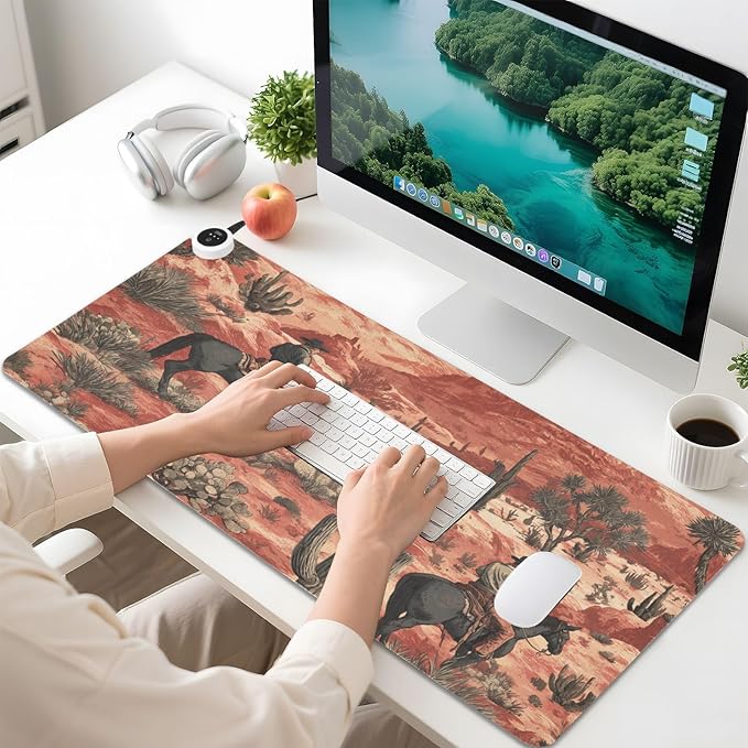 Heated Desk Pad Mouse Pad 31.5x13 Inch PU Leather Desk Mat with 3 Heat Levels Large Mouse Gaming Computer Laptop Mat Cowboys Horses Cactus Desert