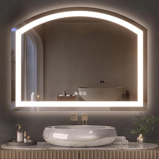 Hasipu 36" x 28" Arch LED Bathroom Mirror, Frontlit Wall-Mounted Vanity Mirror with Lights, Defogging, Smart Touch, Dimmable 3 Color Modes, Safety Shatterproof Glass Coating