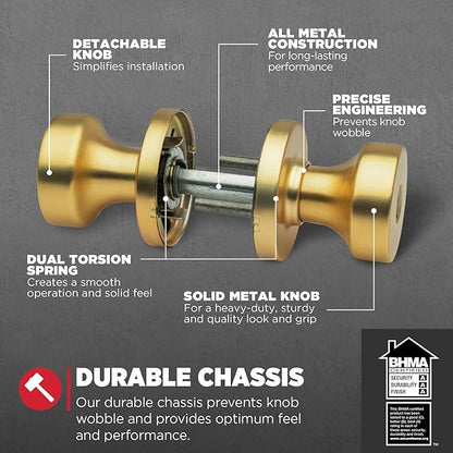 Kwikset Pismo Entry Door Knob with Lock and Key, Secure Keyed Handle Exterior Doorknob, Front Entrance and Bedroom, Satin Brass, Round, Pick Resistant SmartKey Rekey Security, Microban Protection