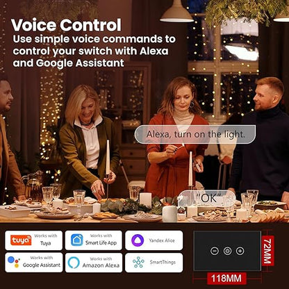 Smart Dimmer Switch Neutral Wire Required, 2.4GHz WiFi Dimmer Light Switch with Remote Voice Control, Tempered Glass Panel, Compatible with Alexa and Google Home, Black WiFi Dimmer