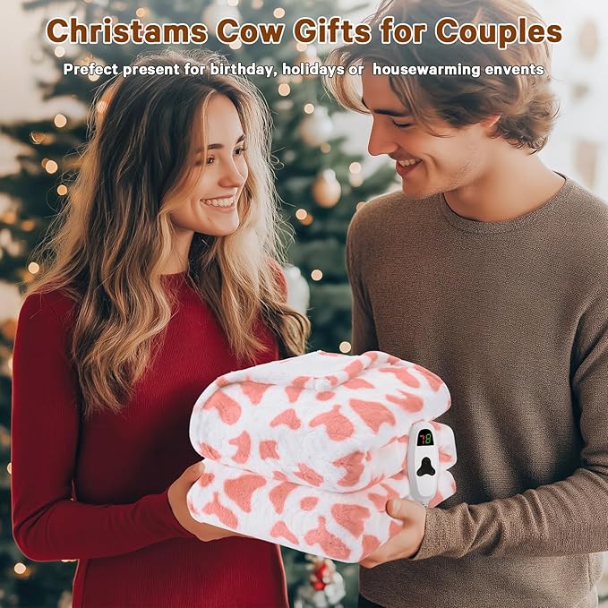 Cow Print Electric Heated Blanket Queen Size,84X90 Pink Heating Blanket Queen with Dual Control&Timer&10 Heat Levels,Cute Cow Decor Sherpa Blankets Warmer Gifts for Bed Women Adults