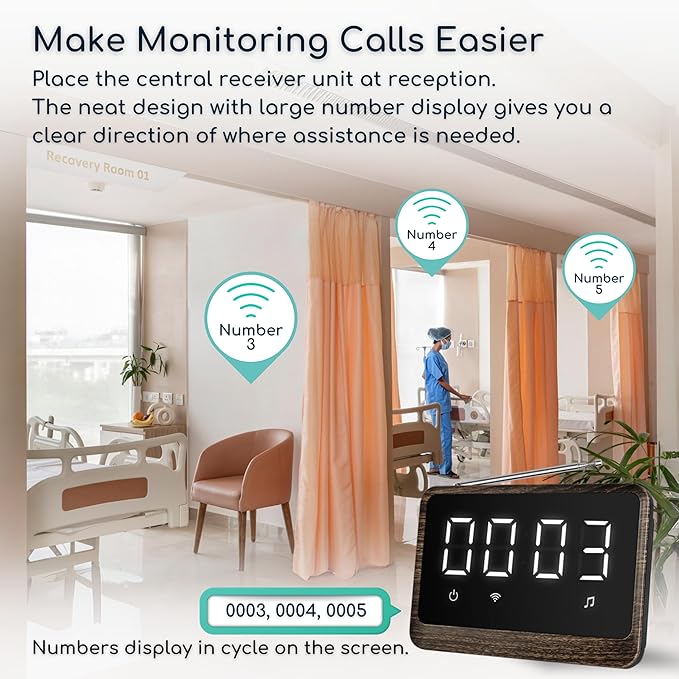 Nurse Call System Wireless Caregiver Pager Bell Buttons for Elderly at Home Call Light for Seniors Clinic, Elderly Monitoring, Care Facility, Restaurant Black Walnut