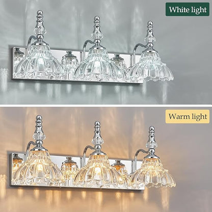 Vintage Bathroom Vanity Light, 3-Light Chrome Vanity Lighting Fixture with Flower Glass Shade, Bathroom Lighting Fixtures Over Mirror