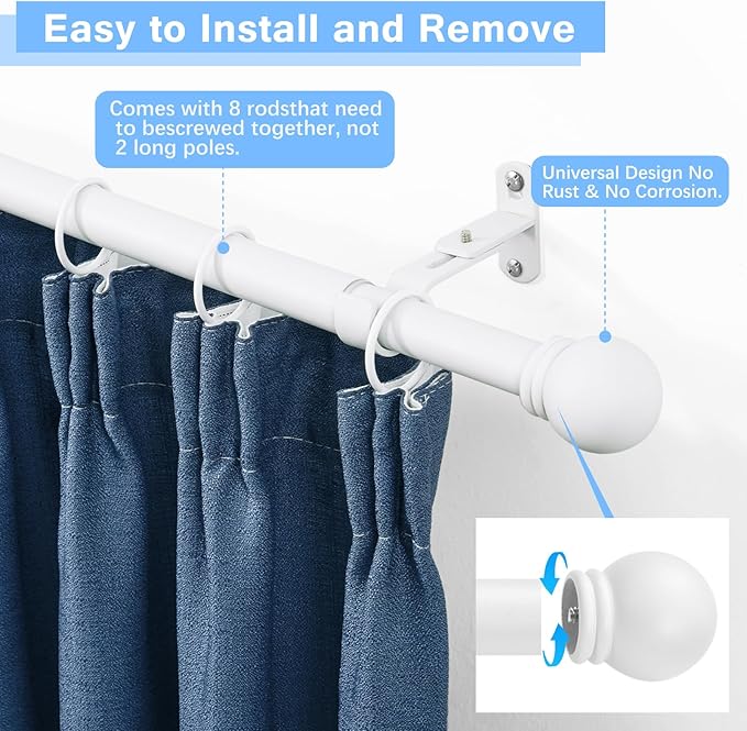Curtain Rods for Windows 16 to 120 Inches, Curtain Rod Max Adjustable Length of 132 IN, 1" Diameter Drapery Rods Round Finials, White, Pack of 2