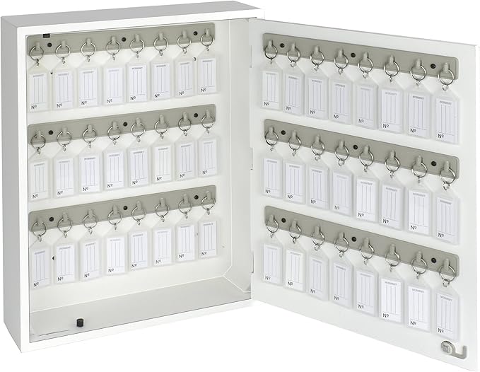 Acrimet 48-Key Cabinet with Lock, Wall Mount Wooden Key Organizer, Security Key Storage Box (48 Positions) with Numbered Hooks & Crystal Key Tags – Commercial & Home Use (White)