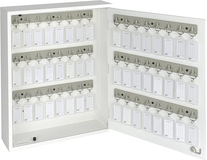 Acrimet 48-Key Cabinet with Lock, Wall Mount Wooden Key Organizer, Security Key Storage Box (48 Positions) with Numbered Hooks & Crystal Key Tags – Commercial & Home Use (White)