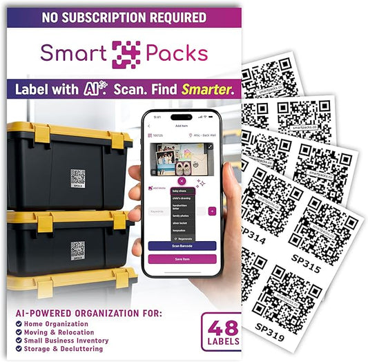 SmartPacks QR Stickers - Premium Smart Labels for Storage Bins | Advanced Pack and Track Labels with QR Code for Inventory, Storage, Moving | 48 Stickers