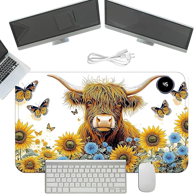 Heated Mouse Pad with 3 Temperature Settings(104°F–122°F),Large 24x14.2 Inch PU Leather Heated Desk Mat,Waterproof Warming Pad for Office,Gaming & Cold Hands Relief,Sunflower Cow