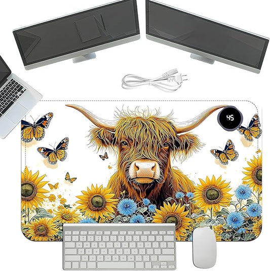 Heated Mouse Pad with 3 Temperature Settings(104°F–122°F),Large 24x14.2 Inch PU Leather Heated Desk Mat,Waterproof Warming Pad for Office,Gaming & Cold Hands Relief,Sunflower Cow