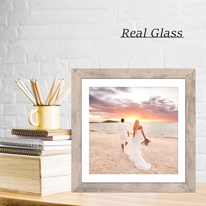 iRahmen 12x12 Picture Frame Set of 4 with Tempered Glass, Smoke Gray Frame Display 10x10 Picture with Mat or 12 x 12 Without Mat, Wood Square Photo Frames for Desktop Display and Wall Mounting