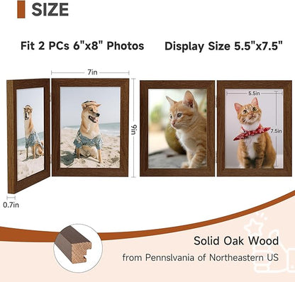 Axeman 6x8 Double Picture Frame - Solid Oak Wood Vertical Hinged 6x8 Photo Frame 2 Opening Folding Family Frames Collage With Real Glass for Tabletop Displa, Hanging Hardware Included | Walnut