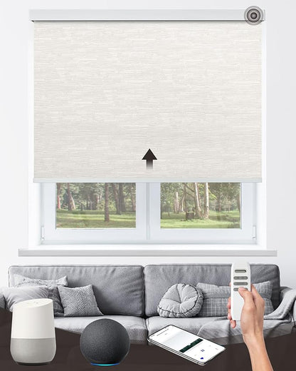 Motorized Roller Shade with Remote Control, 100% Blackout Electric 21-98” Width Blinds for Windows with Via Hub Alexa Google Home, Rechargeable Smart Automatic Customized Size（Texture-Beige）