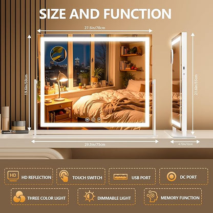 Vanity Mirror with Lights, 30'' x 22'' Lighted Makeup Mirror, Touch Screen with 3-Color Lighting, Dimmable for Vanity Desk Tabletop Square White