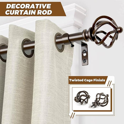 KAMANINA Curtain Rods for Windows 66 to 120 Inch, 3/4 Inch Bronze Curtain Rod 32 to 115 Inches (2.6-9.6ft) Splicing Adjustable Single Drapery Rod with Twisted Cage Finial