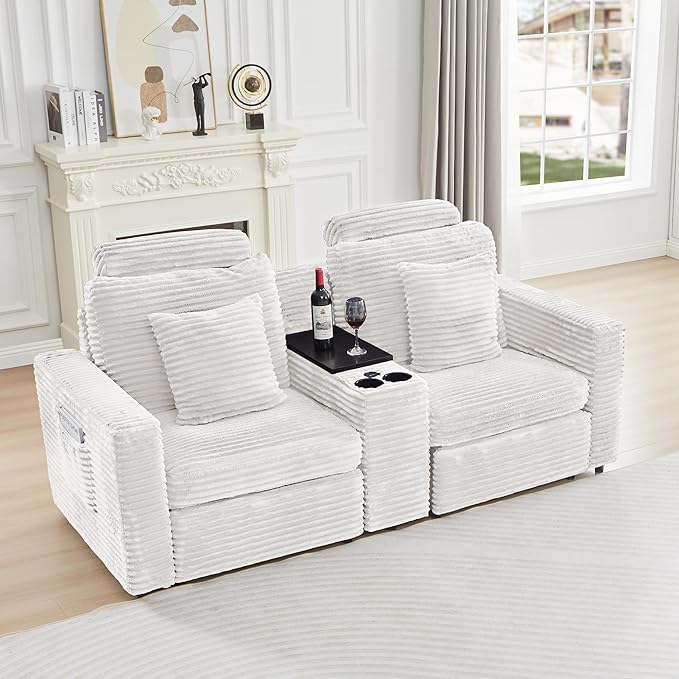 LEVNARY 2-Seater Modular Reclining Sofa with Center Console, Faux Rabbit Fur Power Recliner Loveseat with Cup Holders, USB Charging, Side Pockets & 2 Pillows, Living Room Furniture (White)