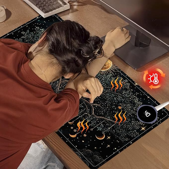 Heated Mouse Pad 23.6 x 14 in 3-Temp Fast Heating Desk Mat with Auto Timer Warmer for Hands Wrist Pain Relief Waterproof Keyboard Mat for Office, Gaming, Home, Moonlit Tree Art