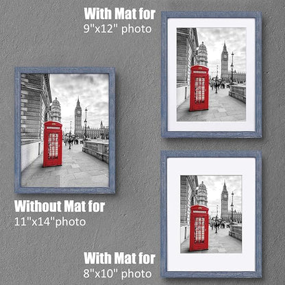 Tiblue 11x14 Picture Frame, Distressed Rustic Blue Solid Wood, 2 Packs with 4 Mats, 8.5”x10.5”/7.5”x9.5” Opening, HD Plexiglass, Wall Mount & Tabletop, Unisex Adult