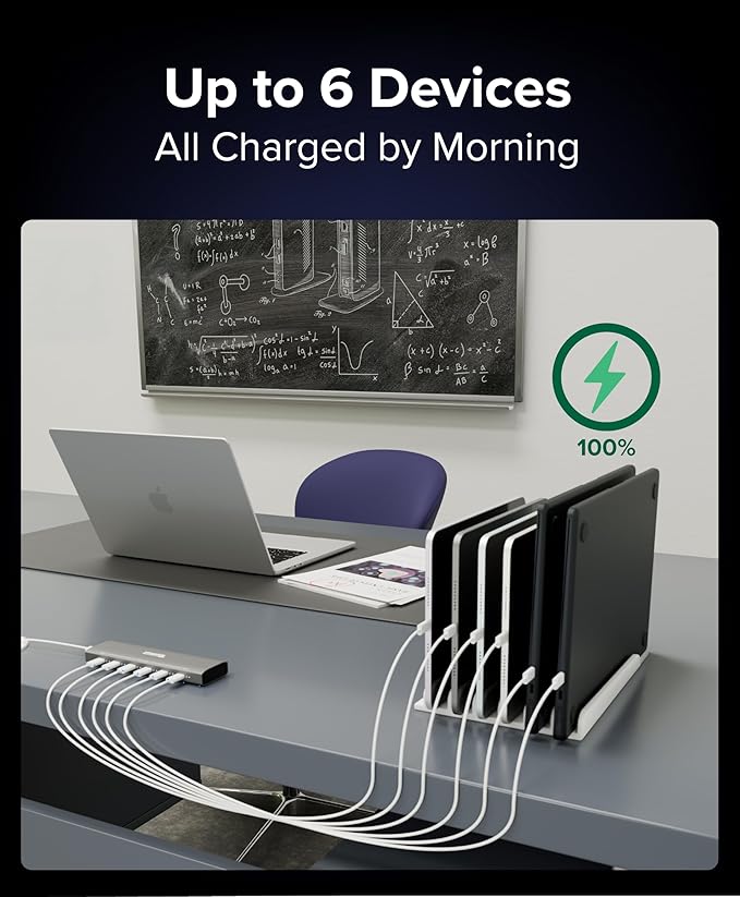 Plugable 6 Port USB C Charging Station, Up to 100W Charger for Multiple Devices with Priority Charging, Desktop Power Hub for USBC Devices Including Laptops Phones Tablets Earbuds and More (PS-6CC)
