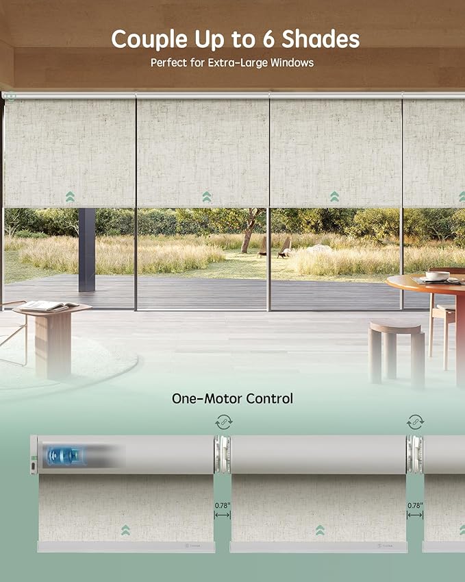 Yoolax Smart Coupled Roller Shades Compatible with Alexa Google, Motorized Blinds with Remote Blackout Coupled Roller Shades for X-Large Windows, Custom Size (XL Coupled-Linen Beige)