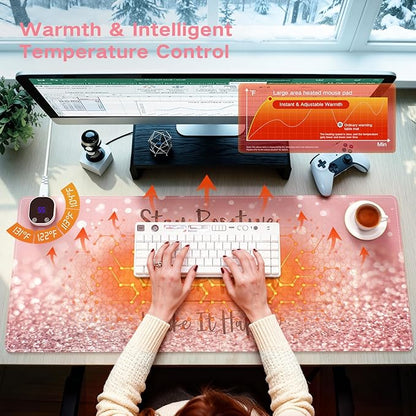iCasso Heated Mouse Pad, Pink Mouse Pad, XL Aesthetic Heated Desk Pad with 4 Heating Levels for Computer Keyboard, 31.5" x 13" Large Mousepad for Home Office Work (Pink Stay Positive)