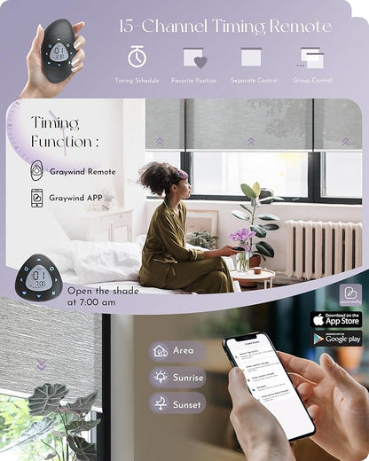 Graywind Motorized Silky Light Filtering Shades Compatible with Alexa Google Half Shading Rechargeable Remote Control Smart Blinds Electric Window Shade, Custom Size (Silky Silver Grey)