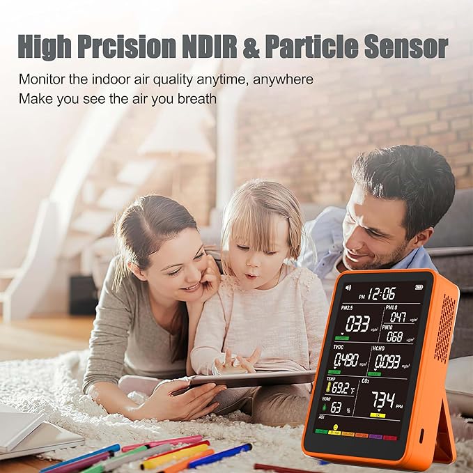 Professional Indoor Air Quality Monitor with AQI, Portable Real-Time Detector for Home Cars Plants and Pets (Orange)