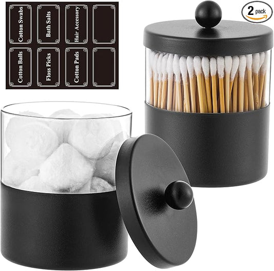 Gaussra Black Apothecary Jars, Black Qtip Holder - Stainless Steel Bathroom Jar with Stickers - Farmhouse Decor Qtip Dispenser for Qtips, Cotton Balls, Swabs, Makeup Sponges (2-Pack)