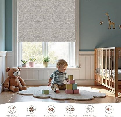 Motorized Roller Blinds with Remote, 100% Blackout Automatic Roller Shades for Bedroom, Bathroom, and Living Room, Customized Size, Pebble Grey Beige